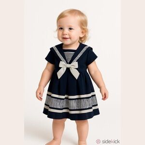 Bonnie Jean Navy Sailor Dress Toddler 2T Nautical Bow Striped Trim